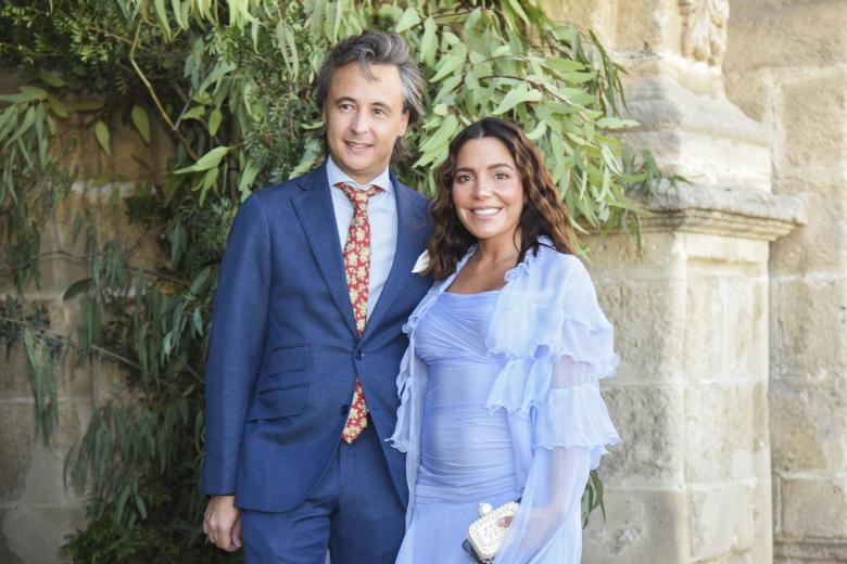 Paula Ordovás and Eduardo Nieto at the wedding of Ana Cristina Portillo and Santiago Camacho in the Cathedral of Jerez in Jerez de la Frontera. September 28 2024