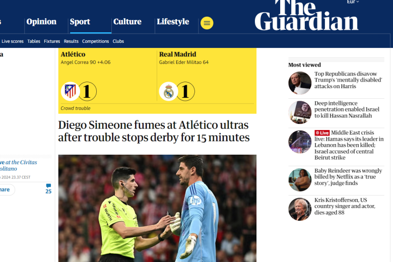 The Guardian destaca el "enfado" de Simeone con los ultras del Atlético por su comportamiento