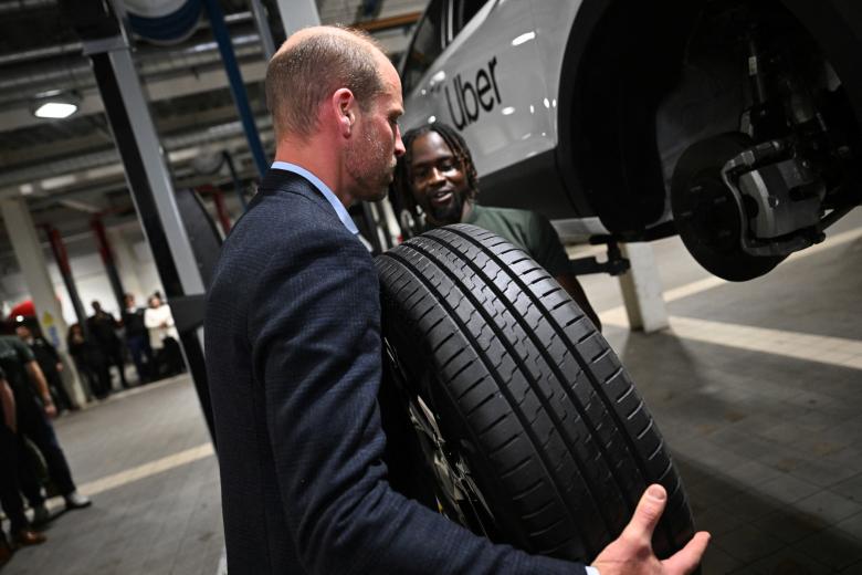 The Prince of Wales speaking to a worker during a visit to the 2023 Earthshot Prize Finalist, ENSO, in Brentford, west London, as they announce a pioneering new strategic partnership with Uber across the UK and USA. The London-based start-up, which was a Finalist in the 2023 "Clean Our Air" category, creates tyres specifically designed for electric vehicles that are more sustainable and reduce harmful tyre pollution, leading to cleaner air for everyone. Picture date: Tuesday October 1, 2024. *** Local Caption *** .