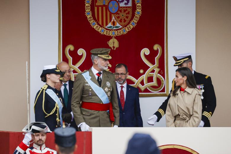 Spanish King Felipe VI and Queen Letizia with Princess Leonor attending a military parade during the known as Dia de la Hispanidad, Spain's National Day, in Madrid, on Saturday 12, October 2024.