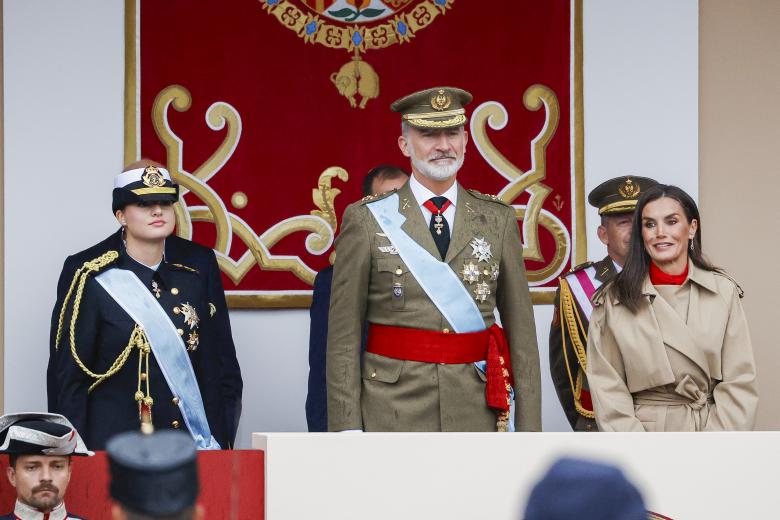 Spanish King Felipe VI and Queen Letizia with Princess Leonor attending a military parade during the known as Dia de la Hispanidad, Spain's National Day, in Madrid, on Saturday 12, October 2024.