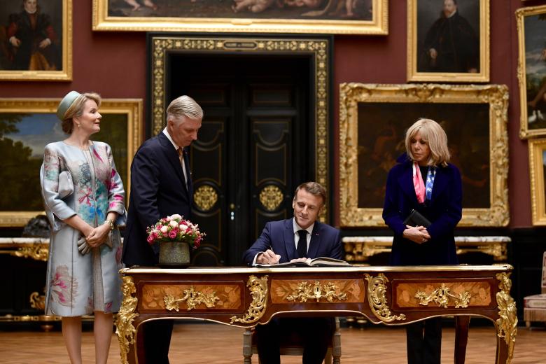 Belgium's King Philippe, French President Emmanuel Macron, his wife Brigitte Macron, and Queen Mathilde visit the Chateau de Chantilly, just north of the French capital on October 16, 2024//ACCORSINIJEANNE_accorsini.033/Credit:JEANNE ACCORSINI/SIPA/2410161225 *** Local Caption *** .