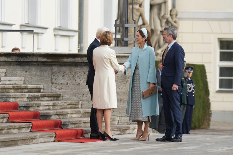 Denmarks King Frederik and Queen Mary are received by Germany's President Frank-Walter Steinmeier and Elke Büdenbender upon arrival at Schloss Bellevue in Berlin, Germany, Monday, October 21, 2024.