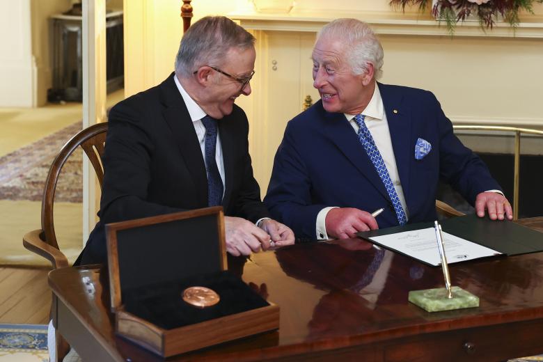 King Charles III and Queen Camilla during the Ceremonial Welcome to Australia at Australian ParliamentHouse in Canberra,