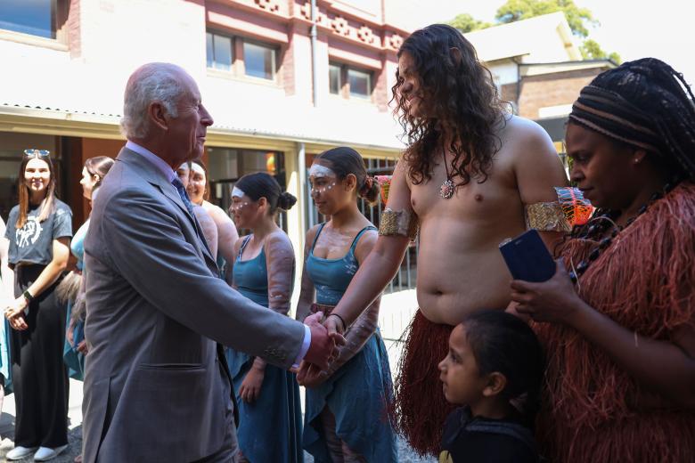 King Charles III during a visit to the National Centre of Indigenous Excellence in Sydney to meet Aboriginal and Torres Strait Islander community representatives, on day three of the royal visit to Australia and Samoa. Picture date: Tuesday October 22, 2024. *** Local Caption *** .