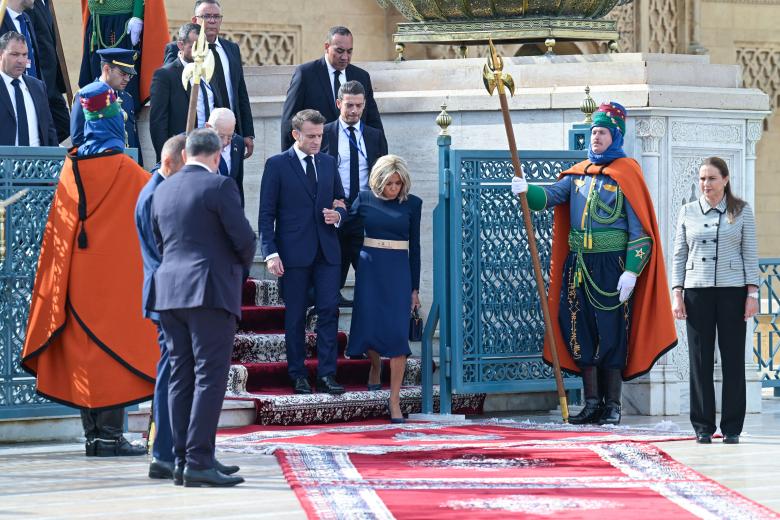 French President Emmanuel Macron and his wife Brigitte Macron, flanked by Colonel Hassan Skalli, visit to Mausoleum of Mohammed V in Rabat, Morocco on October 29 2024. Photo by Ammar Abd Rabbo/ABACAPRESS.COM