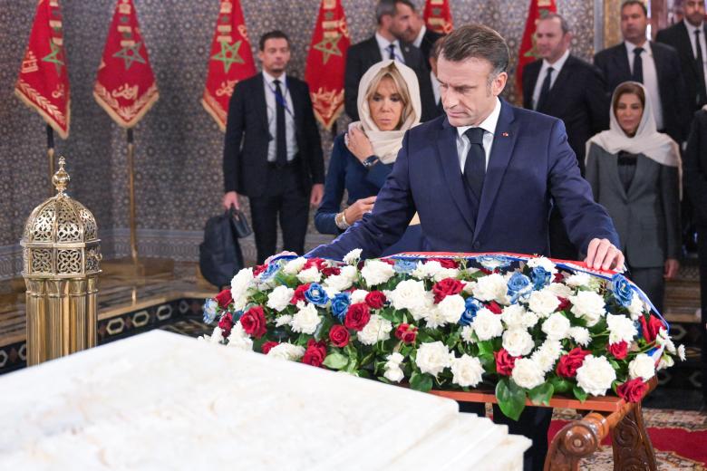 French President Emmanuel Macron and his wife Brigitte Macron, flanked by Colonel Hassan Skalli, visit to Mausoleum of Mohammed V in Rabat, Morocco on October 29 2024. Photo by Ammar Abd Rabbo/ABACAPRESS.COM