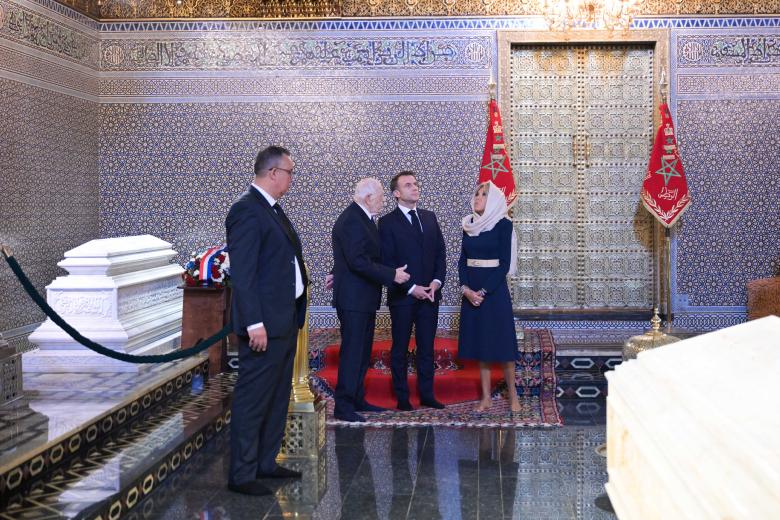 French President Emmanuel Macron and his wife Brigitte Macron during a moment of silence at Mausoleum of Mohamed V in Rabat, Morocco on October 29 2024. Photo by Ammar Abd Rabbo/ABACAPRESS.COM