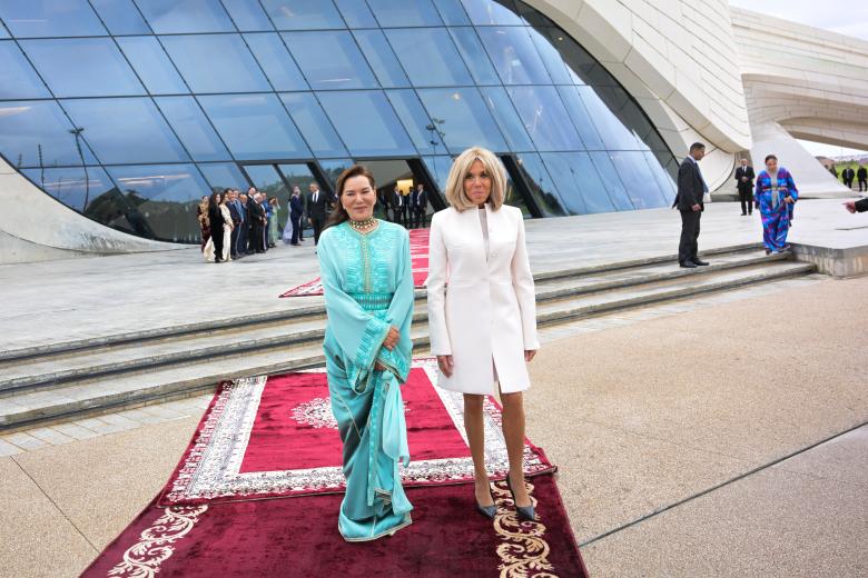 Brigitte Macron with Princess Lalla Hasna of Morocco during the inauguration Grand Theatre of Rabat, during a official visit to Morocco on October 29, 2024.