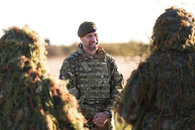 Prince William of Wales during a visit to the 1st Battalion Welsh Guards at Salisbury Plain, Wiltshire, to hear how they have been transitioning from ceremonial duty back to the Field Army. Picture date: Tuesday November 26, 2024. *** Local Caption *** .