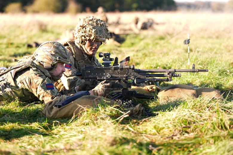 Prince William of Wales during a visit to the 1st Battalion Welsh Guards at Salisbury Plain, Wiltshire, to hear how they have been transitioning from ceremonial duty back to the Field Army. Picture date: Tuesday November 26, 2024. *** Local Caption *** .