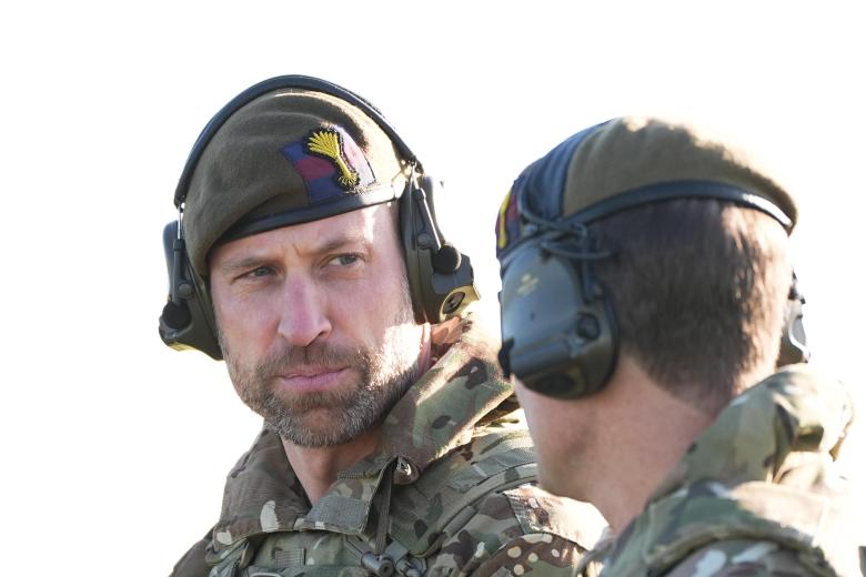 Prince William of Wales during a visit to the 1st Battalion Welsh Guards at Salisbury Plain, Wiltshire, to hear how they have been transitioning from ceremonial duty back to the Field Army. Picture date: Tuesday November 26, 2024. *** Local Caption *** .