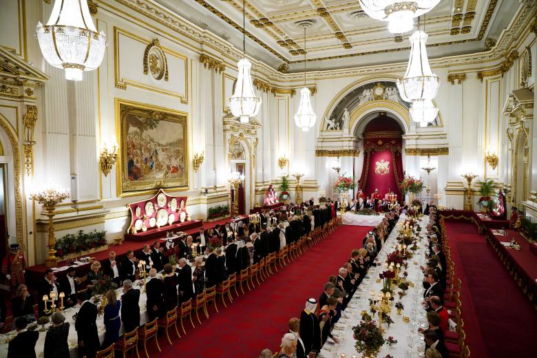 Emir of Qatar Sheikh Tamim bin Hamad Al Thani and his wife Sheikha Jawaher with King Charles III and Queen Camilla attending a State Banquet in London during the state visit to the UK on December 3, 2024.