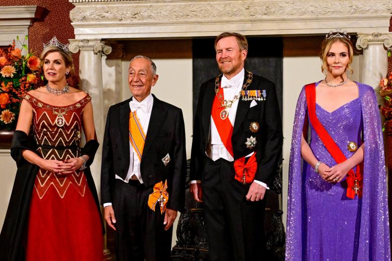 King Willem-Alexander, Queen Maxima, Princess Amalia, president Marcelo Rebelo de Sousa during the State Banquet in Amsterdam on the first day of the two day state visit of Portugal to the Netherlands.