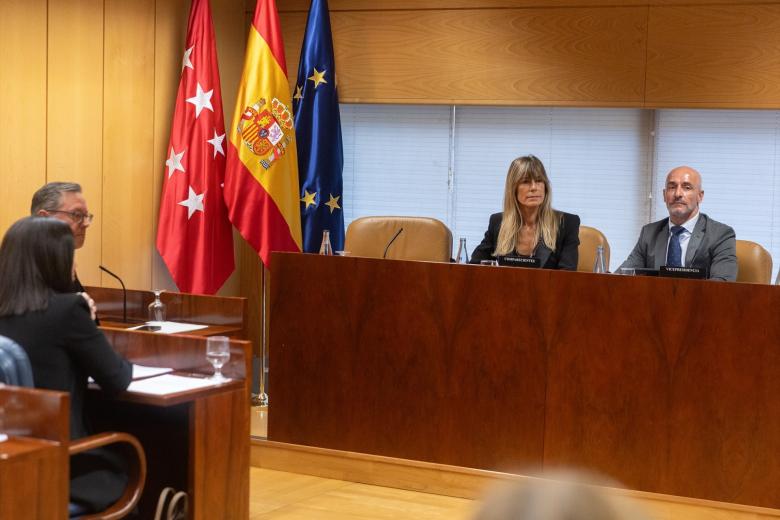 La mujer de Pedro Sánchez, Begoña Gómez, acudió a la Asamblea de Madrid, acompañada del diputado del PSOE-M, Jesús Celada, en la comisión de investigación de la Universidad Complutense