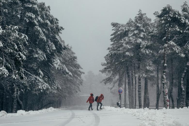 MANZANEDA (OURENSE, GALICIA), 27/01/2025.- Dos personas caminan por la nieve este lunes, en la estación de Montaña de Manzaneda (Ourense). Un fallecido por accidente de tráfico este lunes en Amoeiro (Ourense) que la Xunta achaca a la borrasca, lluvias, nevadas, fuertes vientos y fenómenos costeros de gran impacto son algunos de los efectos de Herminia, que sigue afectando a casi toda España y especialmente a Galicia, salvo a Navarra, Melilla y Canarias. Galicia, que se mantiene con aviso rojo, el riesgo más elevado de la Agencia Estatal de Meteorología (Aemet), es la comunidad autónoma que soporta el impacto más fuerte de la borrasca, mientras que Andalucía, Aragón, Asturias, Castilla-La Mancha, Murcia, País Vasco y Comunidad Valenciana están en alerta naranja y Baleares, Castilla y León, Cataluña, Extremadura, Madrid, La Rioja y Ceuta se mantienen en alerta amarilla. EFE/ Brais Lorenzo