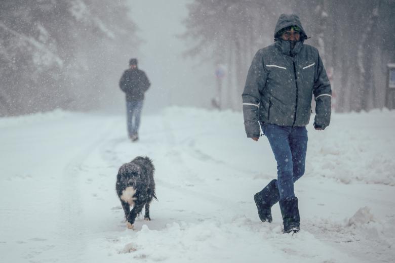 Un hombre camina junto a un perro por la nieve este lunes, en la estación de Montaña de Manzaneda (Ourense). Un fallecido por accidente de tráfico este lunes en Amoeiro (Ourense) que la Xunta achaca a la borrasca, lluvias, nevadas, fuertes vientos y fenómenos costeros de gran impacto son algunos de los efectos de Herminia, que sigue afectando a casi toda España y especialmente a Galicia, salvo a Navarra, Melilla y Canarias. Galicia, que se mantiene con aviso rojo, el riesgo más elevado de la Agencia Estatal de Meteorología (Aemet), es la comunidad autónoma que soporta el impacto más fuerte de la borrasca, mientras que Andalucía, Aragón, Asturias, Castilla-La Mancha, Murcia, País Vasco y Comunidad Valenciana están en alerta naranja y Baleares, Castilla y León, Cataluña, Extremadura, Madrid, La Rioja y Ceuta se mantienen en alerta amarilla. EFE/ Brais Lorenzo