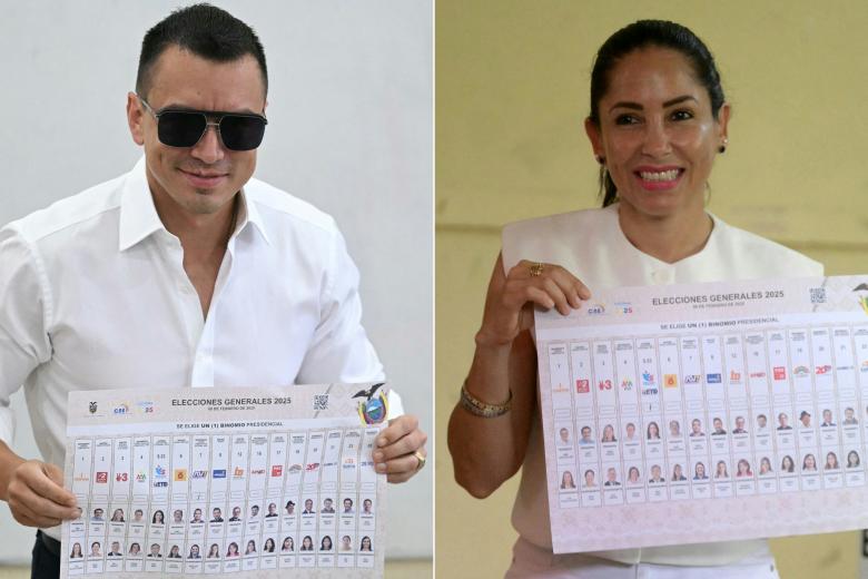 (COMBO) This combination of pictures created on February 9, 2025, shows
Ecuador's President and presidential candidate for the Accion Democratica Nacional party (National Democratic Action), Daniel Noboa (L), voting accompanied by his son Alvaro at a polling station in Olon, Santa Elena province, Ecuador, on February 9, 2025, and Ecuador's presidential candidate for the Movimiento Revolución Ciudadana party (Citizen Revolution Movement), Luisa Gonzalez, voting at a polling station in Canuto, Ecuador, on February 9, 2025, during the presidential election.. Some 14 million Ecuadorans began voting Sunday to decide who will lead the violence-wracked Andean nation through its worst crisis in half a century. (Photo by Marvin RECINOS and Rodrigo BUENDIA / AFP)
