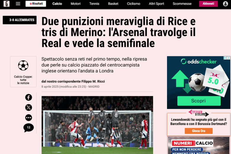 El periódico deportivo italiano pone al Arsenal con pie y medio en las semifinales y no habla de posible remontada del Real Madrid