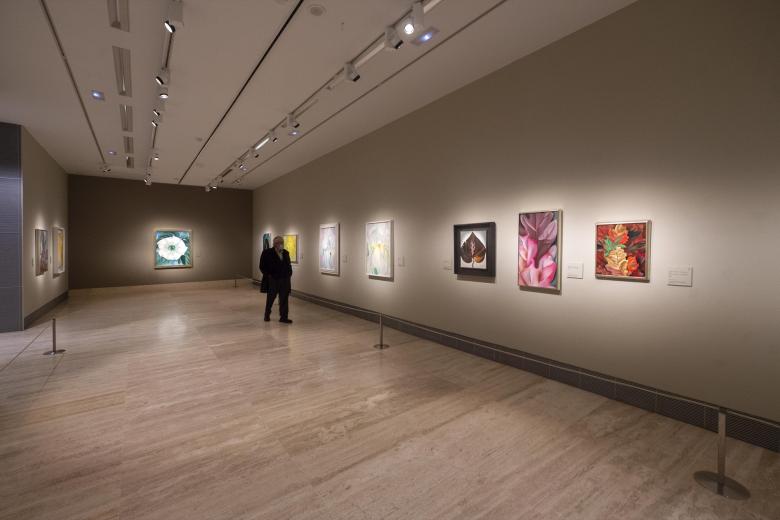 Una persona observa las obras que componen la retrospectiva de Georgia O’Keeffe (1887-1986) en el Museo Thyssen-Bornemisza