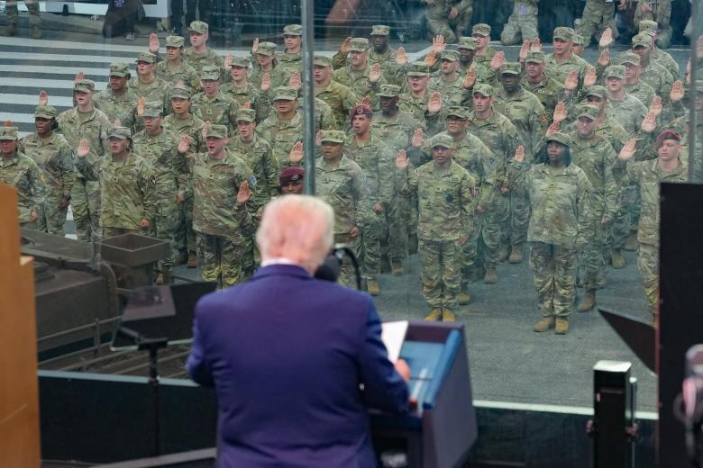 US President Donald Trump speaks during the Army 250th Anniversary Parade in Washington, DC on June 14, 2025. Trump's long-held dream of a parade will come true as nearly 7,000 troops plus dozens of tanks and helicopters rumble through the capital in an event officially marking the 250th anniversary of the US army. (Photo by Doug MILLS / POOL / AFP)