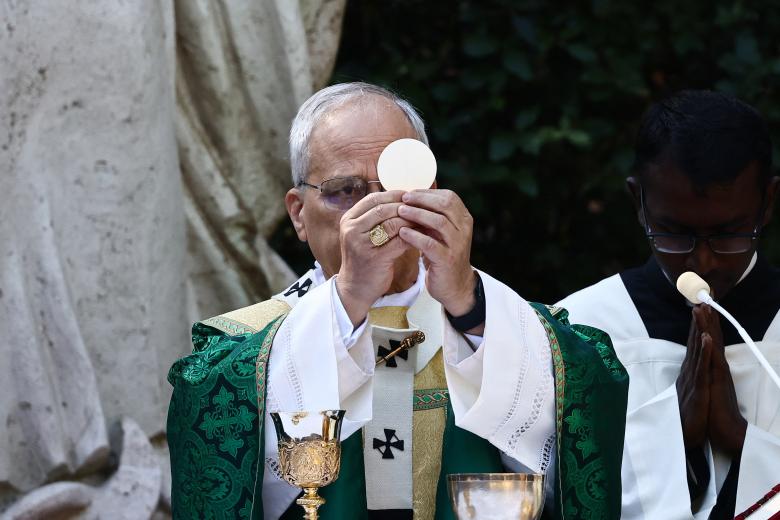 Pope Leo XIV gestures as he leads the Mass for the Care of Creation in Castel Gandolfo, 40 km southeast of Rome on July 9, 2025. (Photo by Yara Nardi / POOL / AFP)