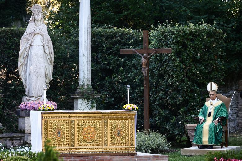 Pope Leo XIV leads the Mass for the Care of Creation in Castel Gandolfo, 40 km southeast of Rome on July 9, 2025. (Photo by Yara Nardi / POOL / AFP)
