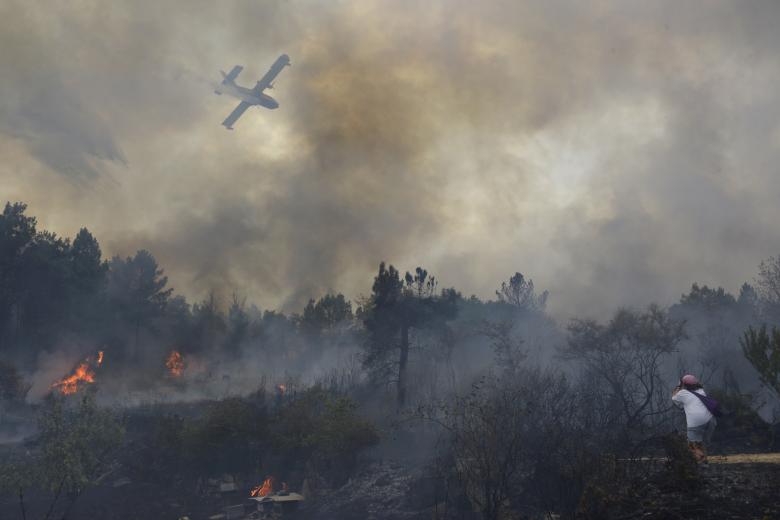 Extinción del incendio declarado a partir de la vía del tren en Seixalbo, en un terreno en el que ardieron varias colmenas. Ourense 12/08/25. Foto Rosa Veiga