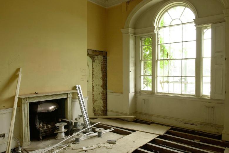 The front reception room of the Grade II-listed Forest Lodge, in Windsor Great Park, Berkshire, a Georgian mansion once admired by both King George IV and King Edward VIII  which will soon be available for rent it was announced.   *...The 8 bedroomed house is currently undergoing   1.5 million restoration work to retain its fine period detail but will be ready for occupation in the autumn for   15,000 a month. It features original stonework, elaborate plaster cornices and ceiling decoration, exquisite marble fireplaces, Venetian windows and a half-barrel vaulted hallway ceiling and is worth an estimated   5.5 million.