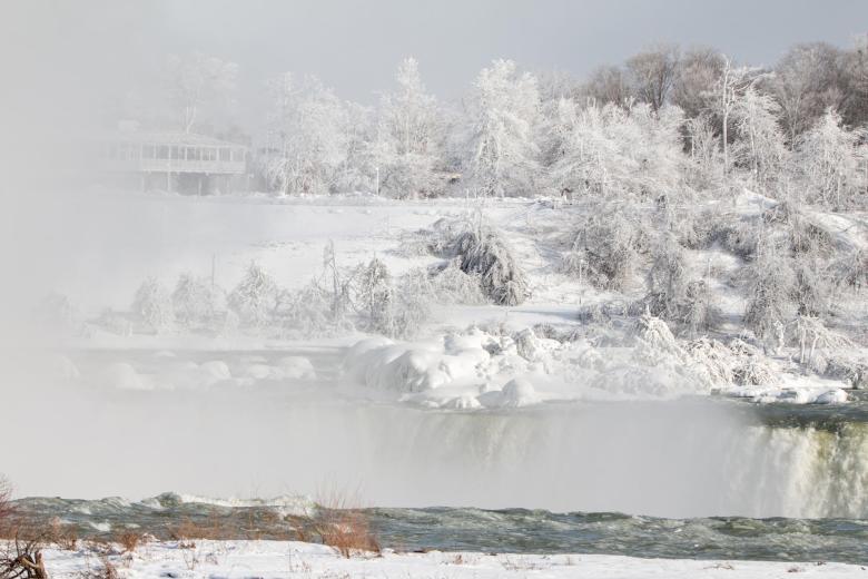 Fotografía que muestra árboles cubiertos de hielo y nieve en las Cataratas del Niágara en su parte estadounidense este sábado