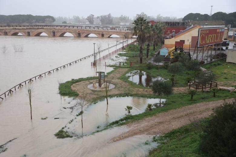 El río Guadalete desborda sus márgenes a su paso por la zona de Las Pachecas en Jerez de la Frontera (Cádiz) provocando importantes inundaciones. A 4 de febrero de 2026, en Jerez de la Frontera, Cádiz (Andalucía, España). La Agencia Estatal de Meteorología (Aemet) ha activado hasta las 15.00 horas de este miércoles 4 de febrero aviso de nivel rojo --peligro extraordinario-- en la comarca gaditana del Campo de Gibraltar por lluvias que pueden dejar hasta 120 litros por metro cuadrado en 12 horas, especialmente en el entorno del municipio de Algeciras. En todo el litoral de Cádiz hay además activos avisos de nivel naranja por fenómenos costeros y fuertes vientos.

Rocío Ruz / Europa Press
04/2/2026