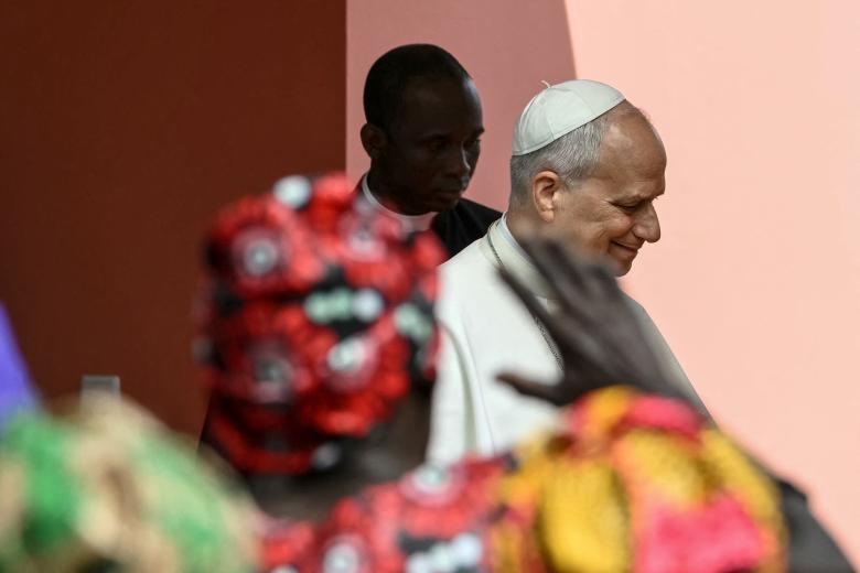 Pope Leo XIV arrives to visit the Nursing Home of the Little Sisters of the Poor in Saurimo on the eighth day of an 11-day apostolic journey to Africa, on April 20, 2026. (Photo by Alberto PIZZOLI / AFP)