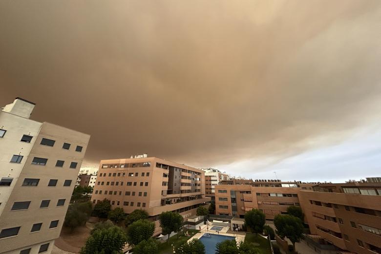 El humo procedente del incendio de Niebla (Huelva) y que ha provocado desalojos de vecinos en la localidad sevillana de El Madroño es claramente visible en Mairena del Aljarafe, a unos 8 kilómetros del centro de Sevilla