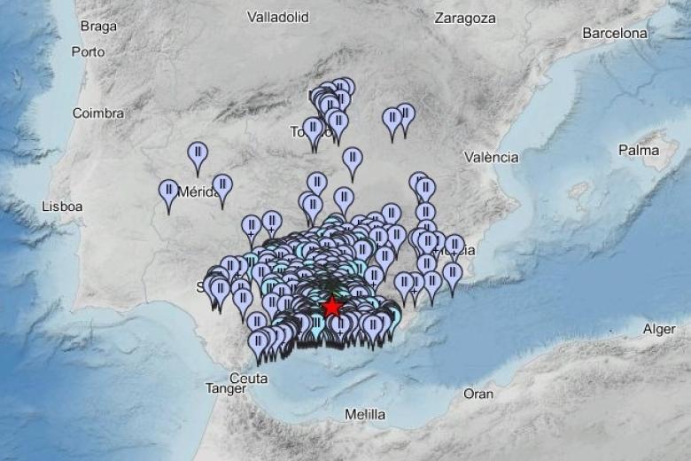 Mapa de intensidades del terremoto que se ha producido en la madrugada del sábado 15 de agosto de 2026 en la localidad granadida de Alhendín