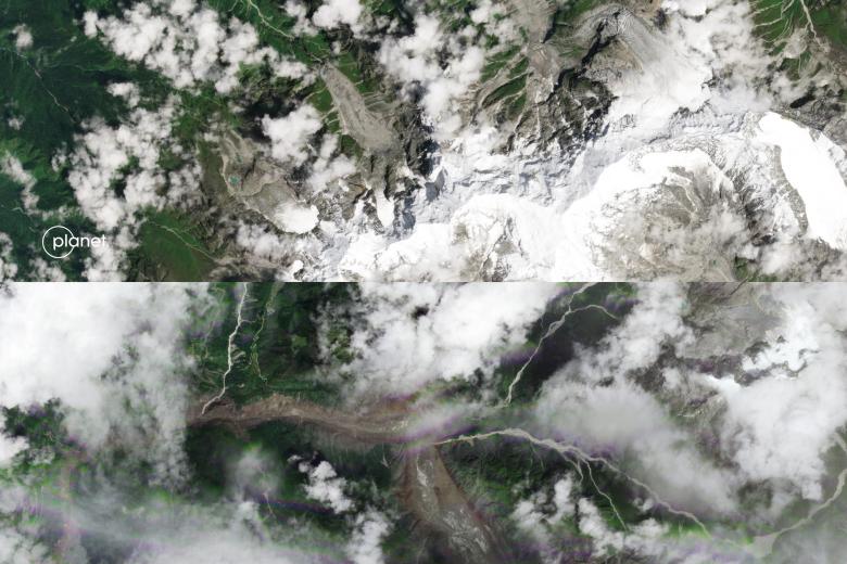 Esta combinación de imágenes satelitales —facilitadas por Planet Labs y generadas el 27 de agosto de 2026— muestra una vista aérea de Shyaphrubesi y el río Bhote Koshi antes de una inundación masiva ocurrida en Nepal