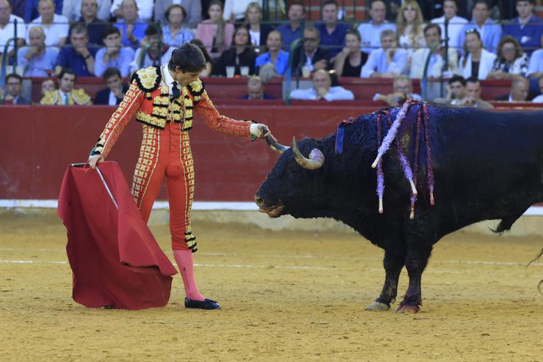 De carmesí y oro con remates negros, Castella agarra el pitón a uno de sus toros