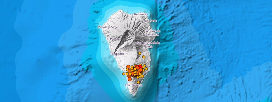 Localización de los terremotos en la isla de La Palma en los últimos 3 días