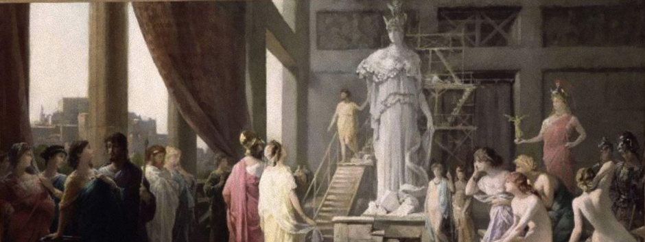 Pintura de Hector Leroux (1682–1740) que retrata a Pericles y Aspasia admirando la gigantesca estatua de Atenea, en el estudio de Fidias.