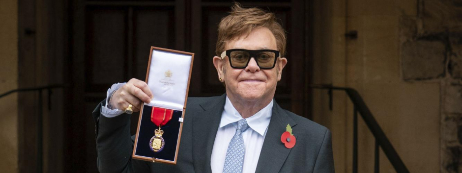Sir Elton John after being made a member of the Order of the Companions of Honour for services to Music and to Charity during an investiture ceremony at Windsor Castle, in Windsor, England, Wednesday, Nov. 10, 2021.  *** Local