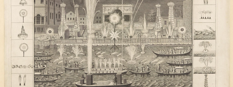 Vista de los fuegos artificiales e iluminaciones, en el río Támesis, mayo de 1749