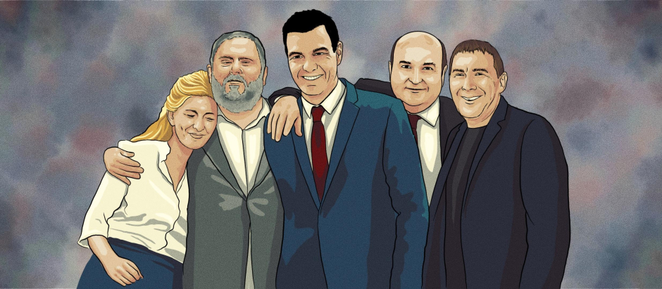 Sánchez junto a sus socios: Díaz, Otegi, Junqueras y Ortuzar