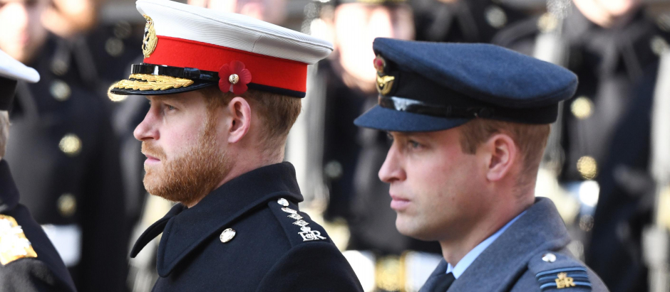 Prince Harry and Prince William at the Remembrance Sunday ceremony in Whitehall in London, Sunday, Nov. 10, 2019
