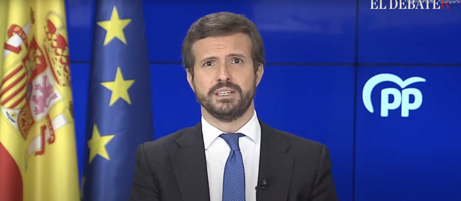 Pablo Casado, durante su comparecencia telemática del balance de 2021.