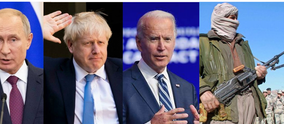 El presidente ruso Vladimir Putin; el primer ministro de Reino Unido Boris Johnson; el presidente de Estados Unidos Joe Biden; un militar del Talibán afgano