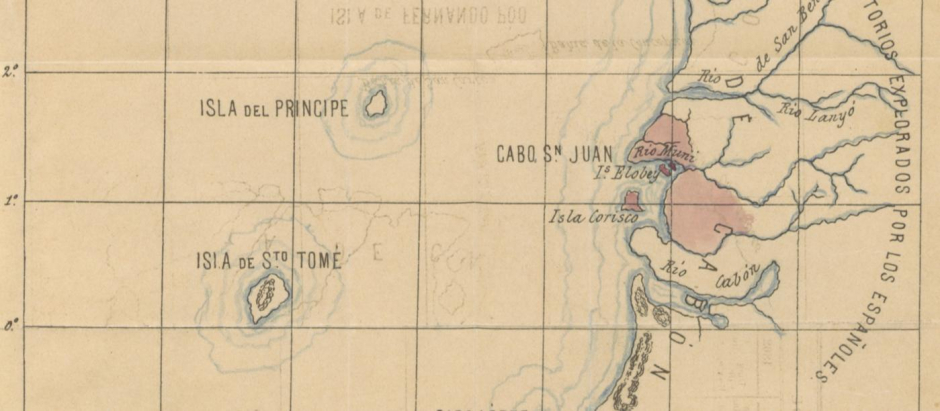 Mapa de las posesiones españolas en el Golfo de Guinea en 1897, antes del Tratado de París de 1900