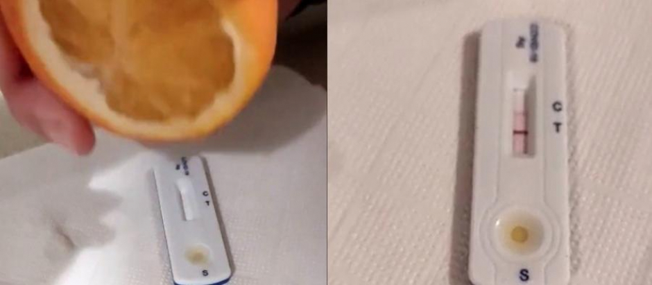 Captura del vídeo en el que prueban erróneamente un test de antígenos con una naranja