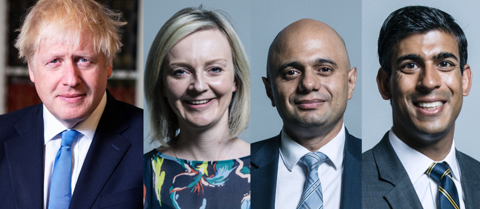 El primer ministro Boris Johnson junto a sus posibles sucesores; Liz Truss, Sajid David, y Rishi Sunak