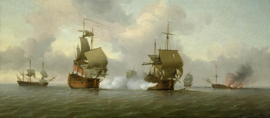 En el centro el Glorioso (der.) cañoneando al Russell durante su último combate. Al fondo el King George desarbolado y el Darmouth hundido por el navío español