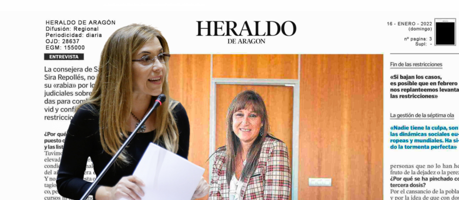 Montaje de Ana Alós (PP) frente a la portada de la entrevista de Repollés (PSOE)