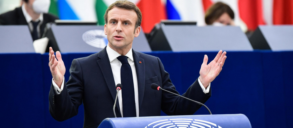 El presidente Macron durante su intervención en el Parlamento Europeo